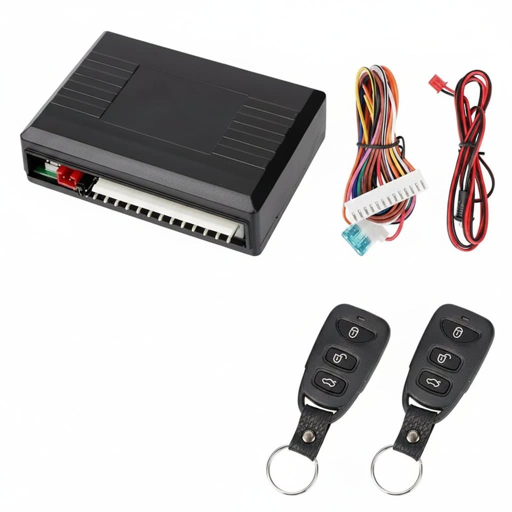 A remote car starter and central door lock keyless control kit with an alarm system for enhanced vehicle security.