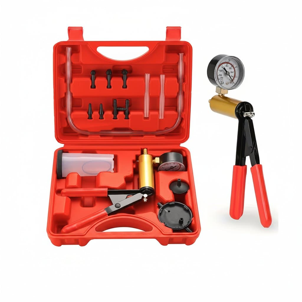 A 2-in-1 brake bleeder kit with a hand vacuum pump and gauge, a complete brake bleeder kit for automotive fluid bleeding.