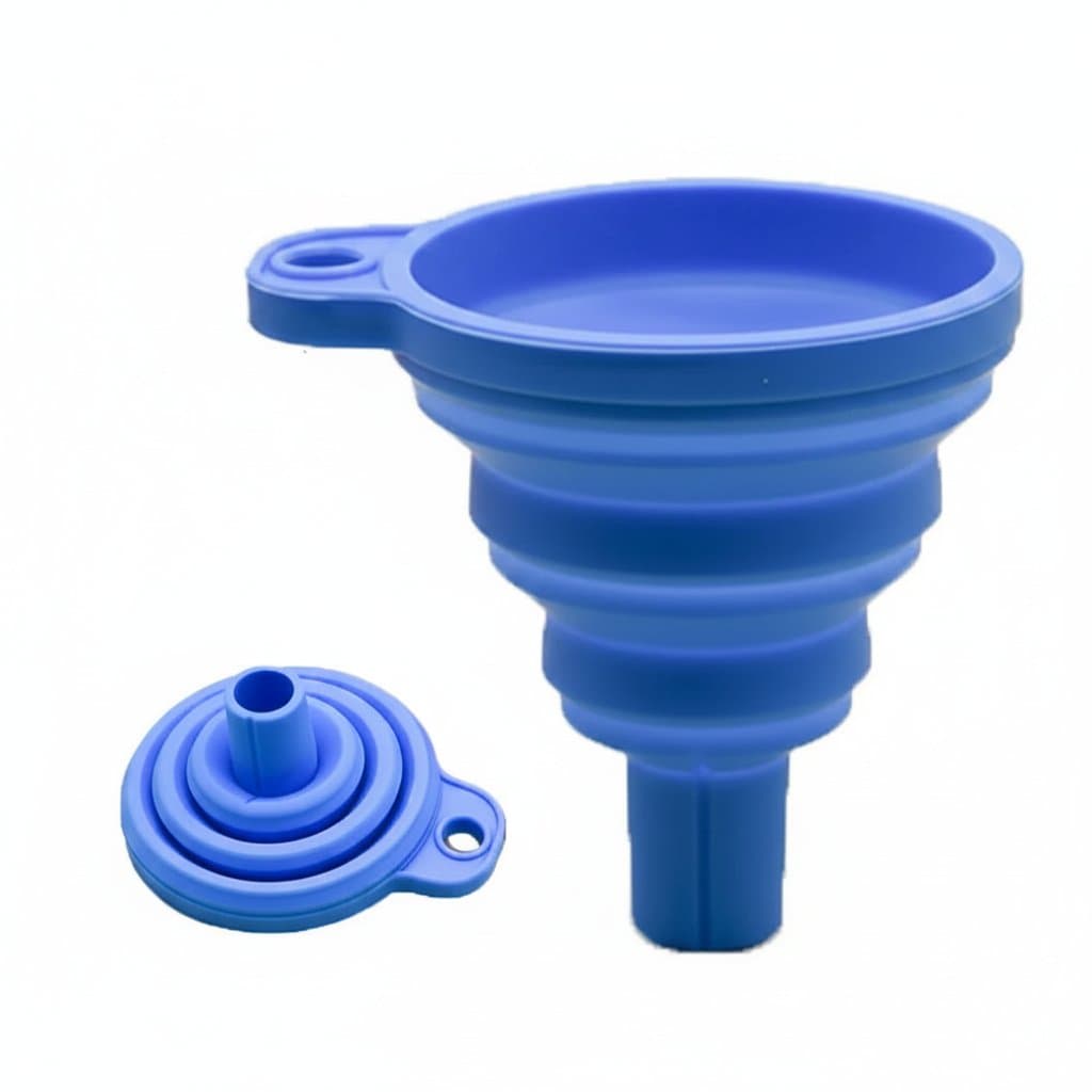 A foldable silicone funnel for automotive fluids, shown in a bright color with flexible sides for easy pouring of engine oil, washer fluid, or petrol.