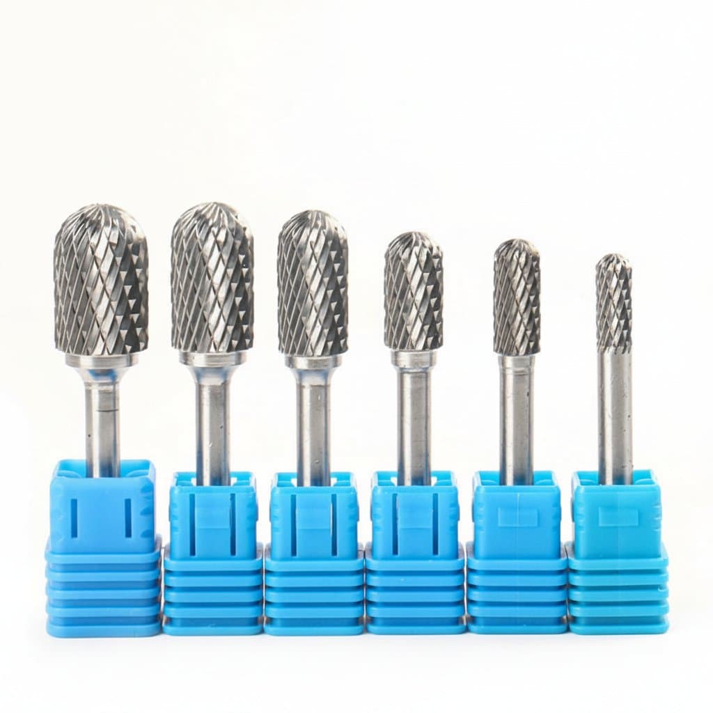 Tungsten carbide rotary file burr with ball nose cylinder shape, 6mm diameter, 1/4 inch shank, designed for mould carving and single cut metal milling.