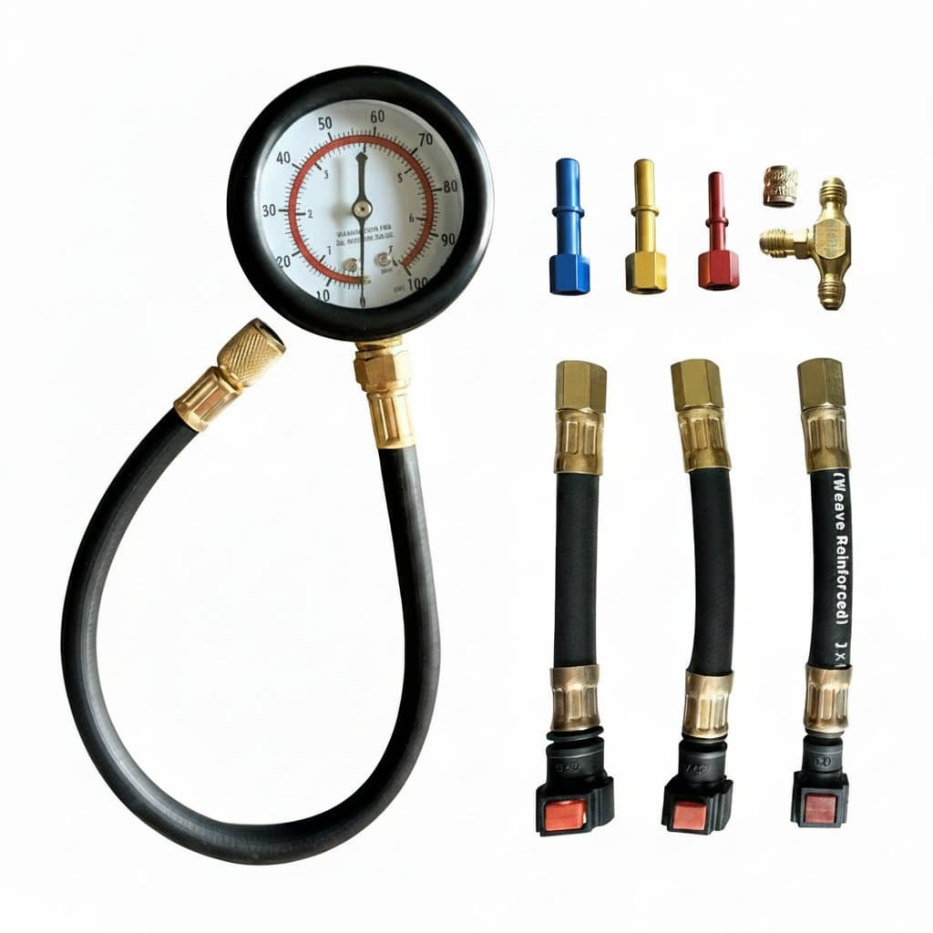 A comprehensive fuel pressure tester kit, 0-100PSI, with three-size adapters and multiple connection methods for cars, trucks, and motorcycles.