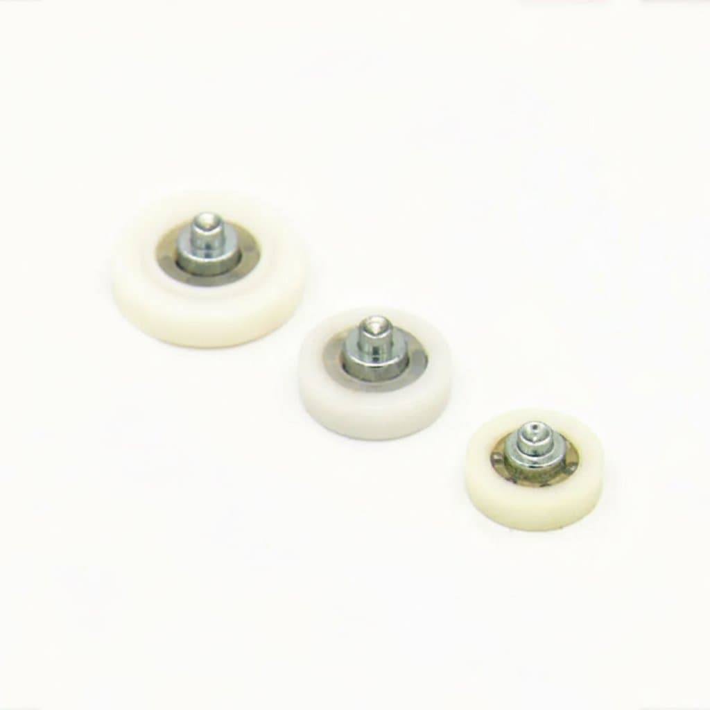 20-piece set of POM plastic drawer pulley wheels with rivet-type bearings for smooth sliding, in assorted diameters from 19mm to 29mm.