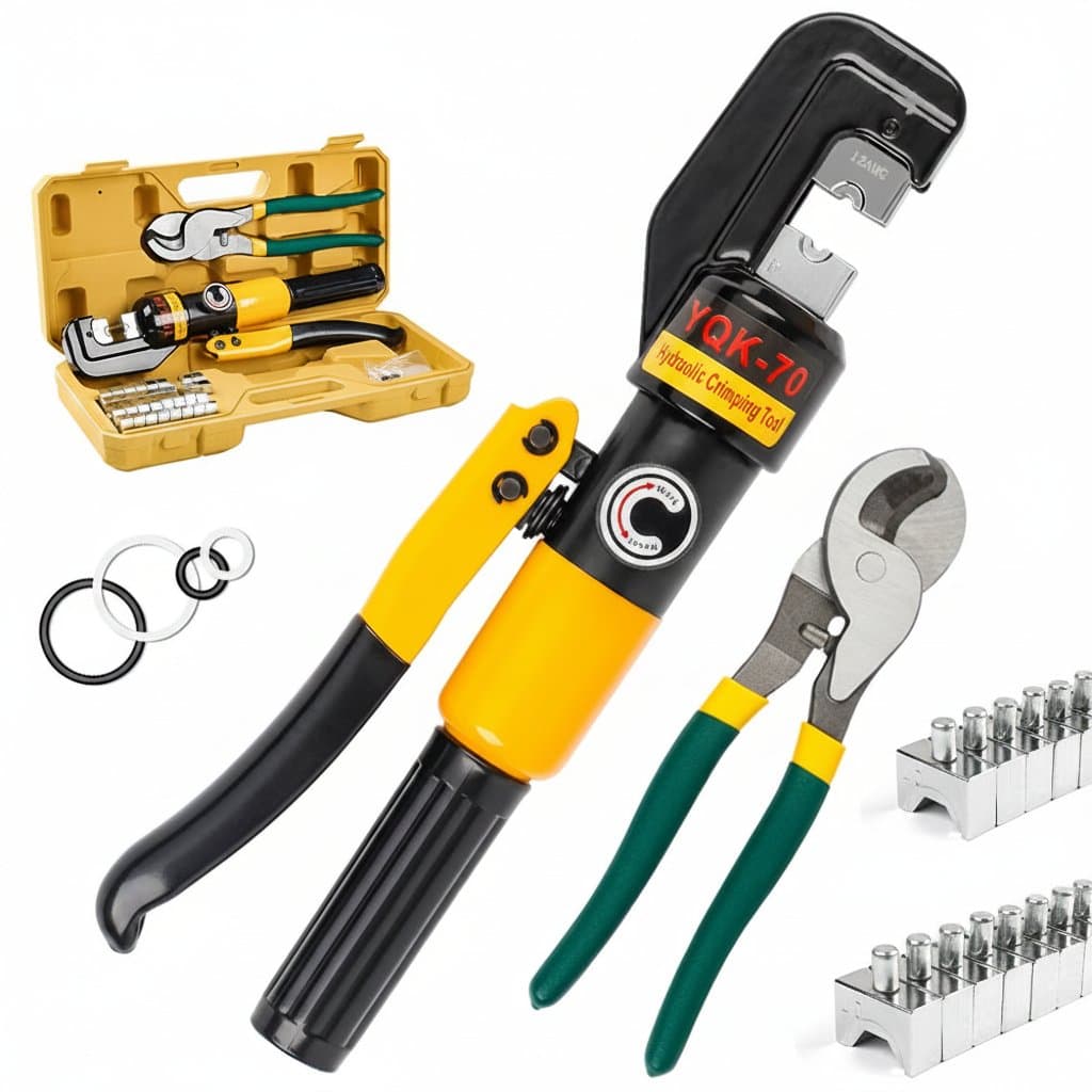 Hydraulic crimping pliers for cable terminals, handling wire sizes from 4-70mm² with 10-ton capacity for electrical applications.