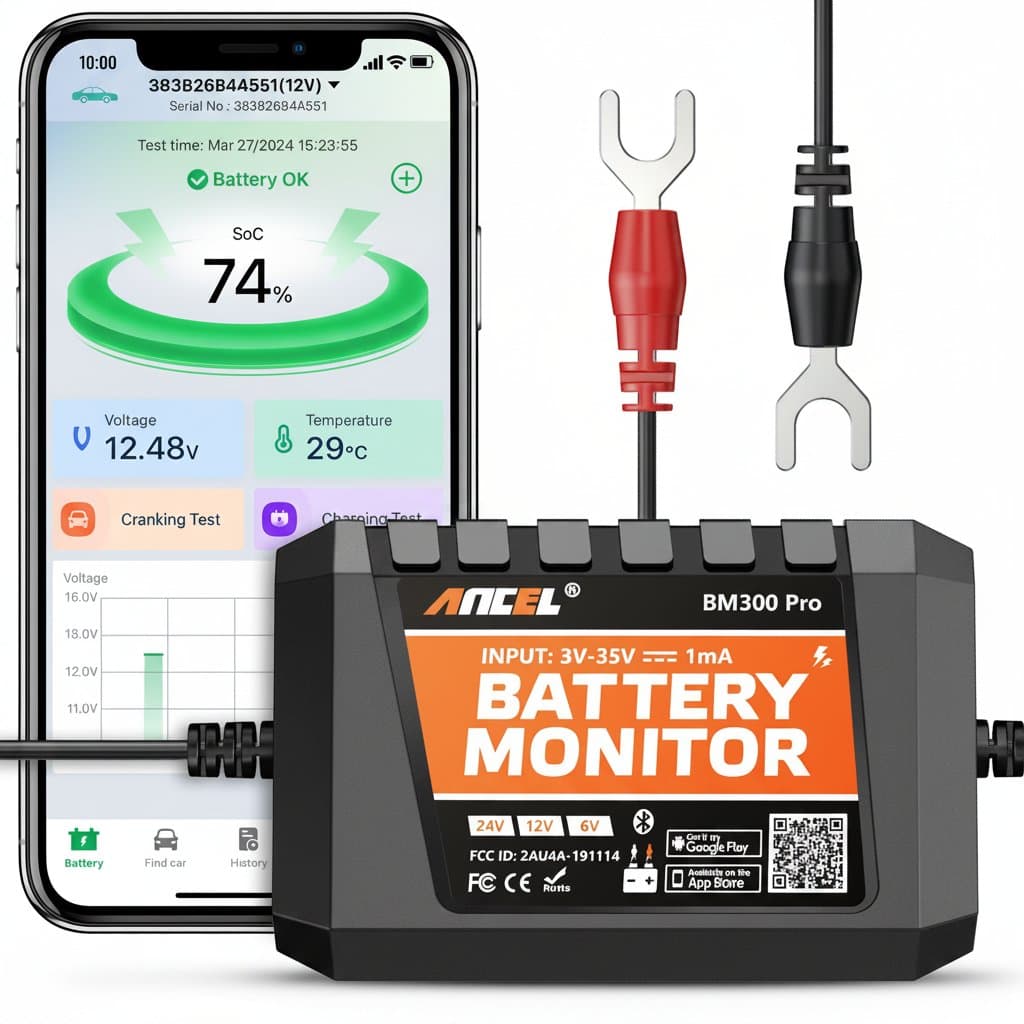 The ANCEL BM300 Pro Bluetooth car battery tester for 6V, 12V, and 24V batteries, monitoring SOH and SOC.