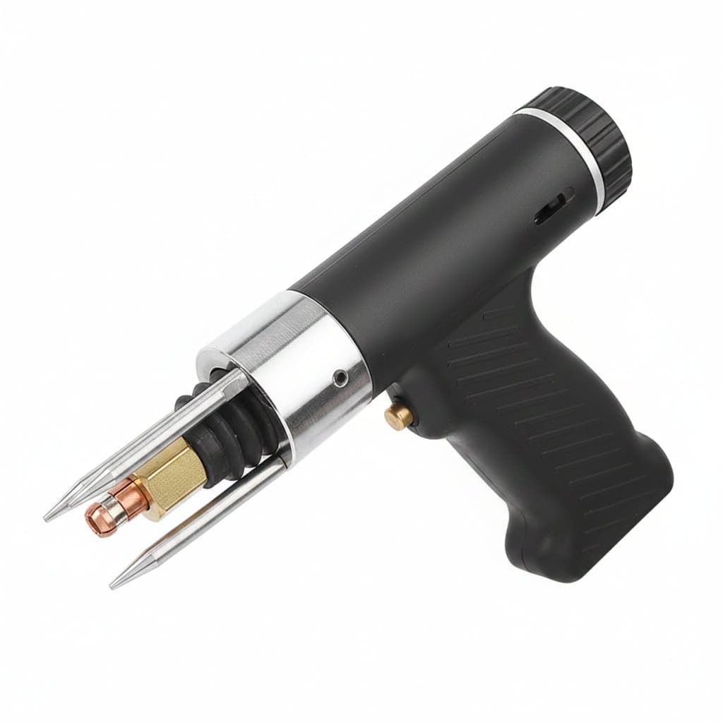 Professional capacitor discharge stud welding gun with M3 to M10 collet set, ideal for metal fabrication and automotive repair.