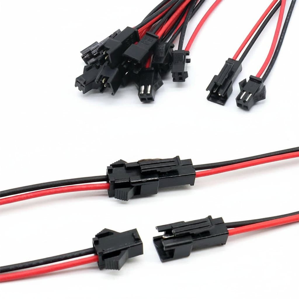 JST SM 2-pin male and female connector pigtail set for LED strip lights, featuring 10 pairs with durable cables for secure wiring.
