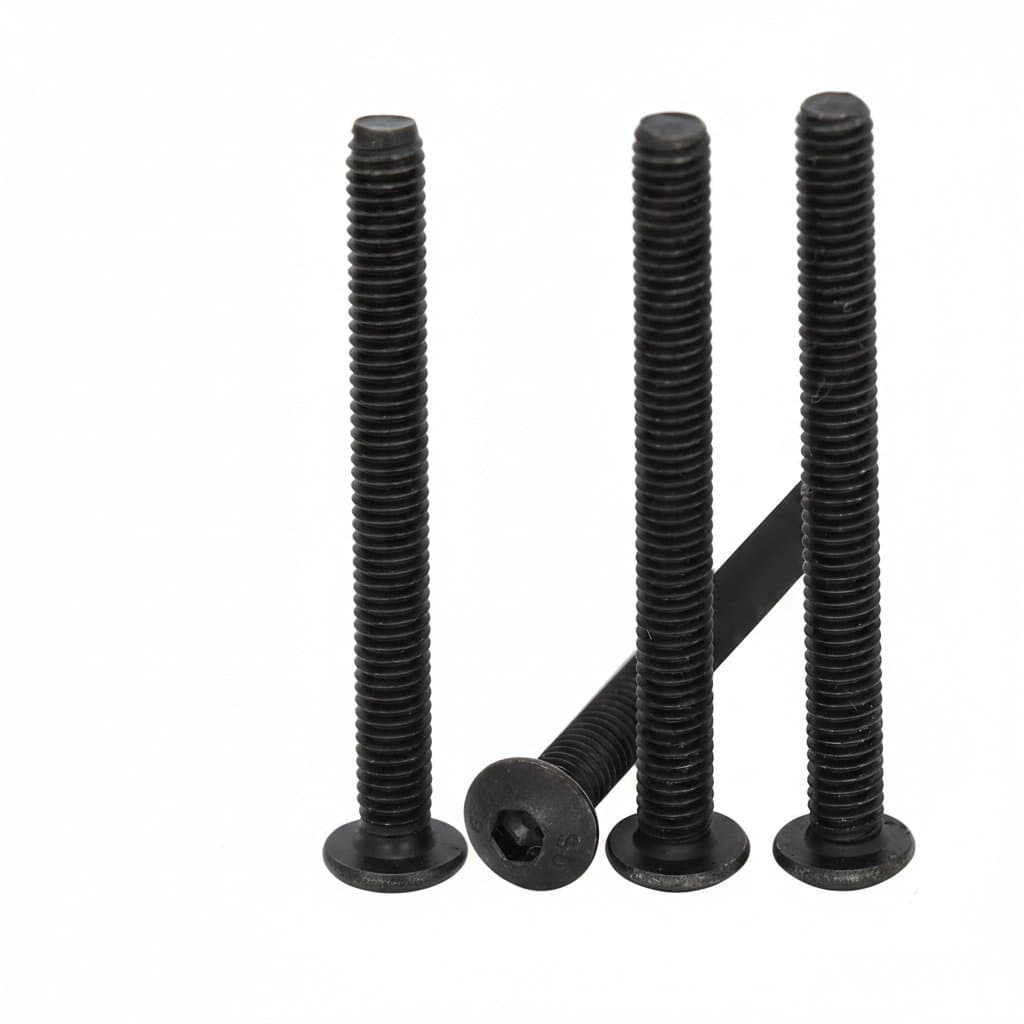 Black 10.9 grade carbon steel button head socket screws with hex drive, available in various lengths from 18mm to 50mm.