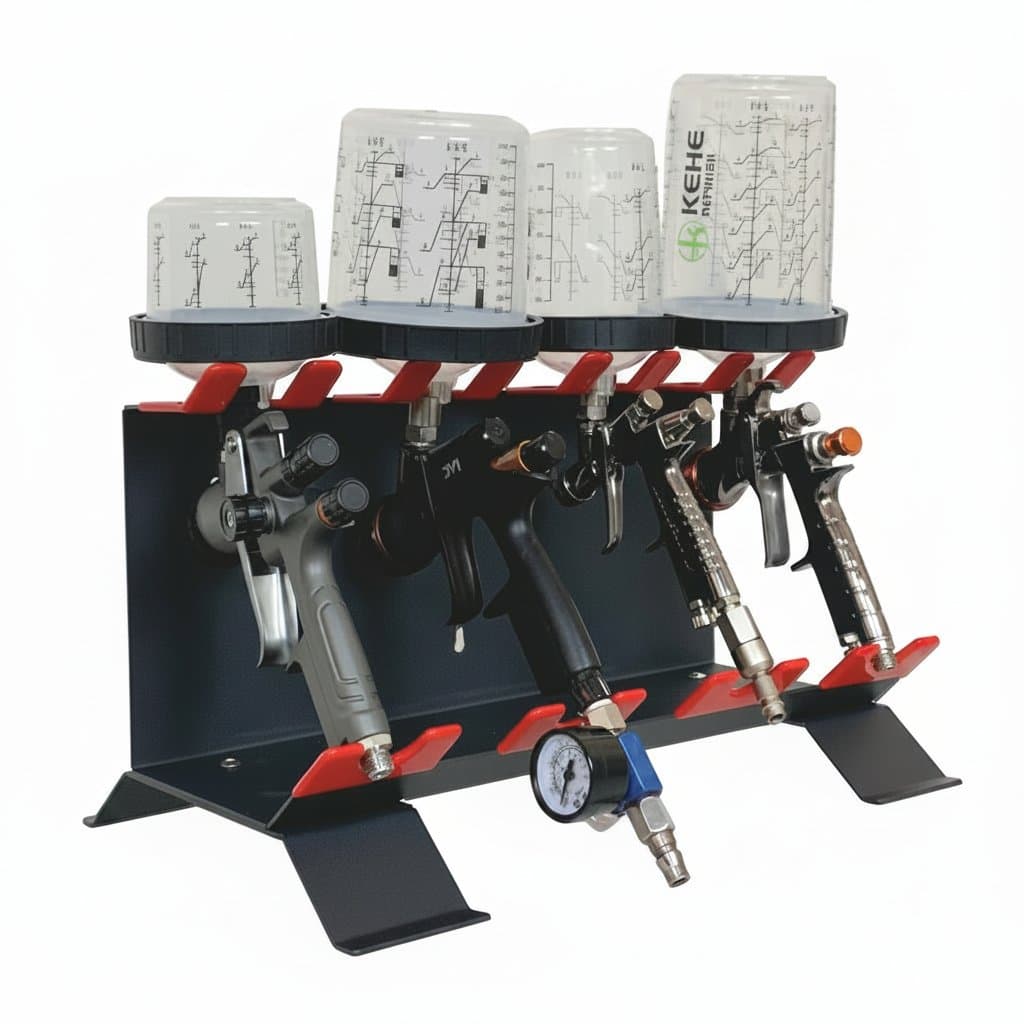 Versatile spray gun holder designed to accommodate multiple gravity feed, siphon, or pressure feed HVLP guns in a workshop.