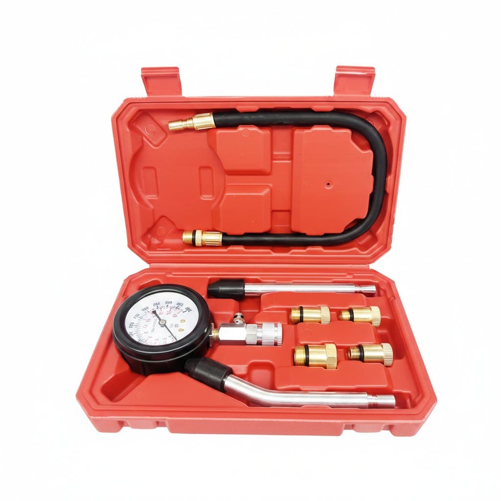 A gasoline engine compression meter with M10, M12, M14, M18 adapters, offering 0-300 PSI for automotive cylinder testing.