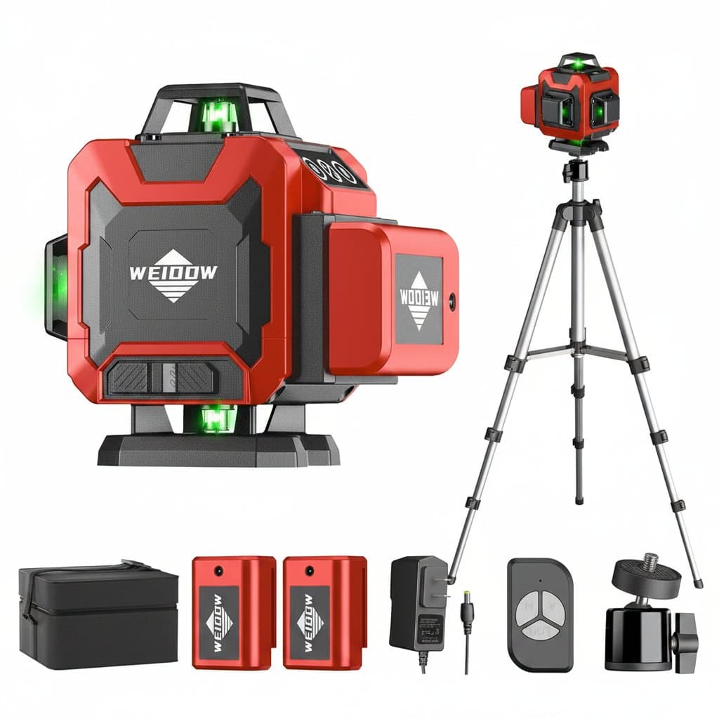 4D 360-degree self-leveling laser level with tripod, projecting four planes of laser lines for construction, renovation, and tile installation projects.