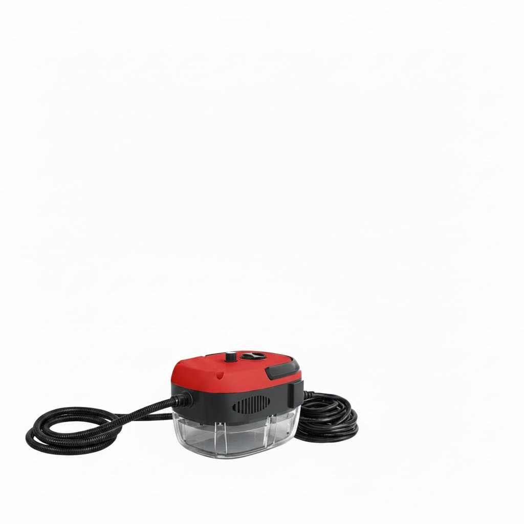 2500W Portable Handheld Steam Cleaner with multiple brush heads on a kitchen counter, ready for high-temperature pressurized steam cleaning.