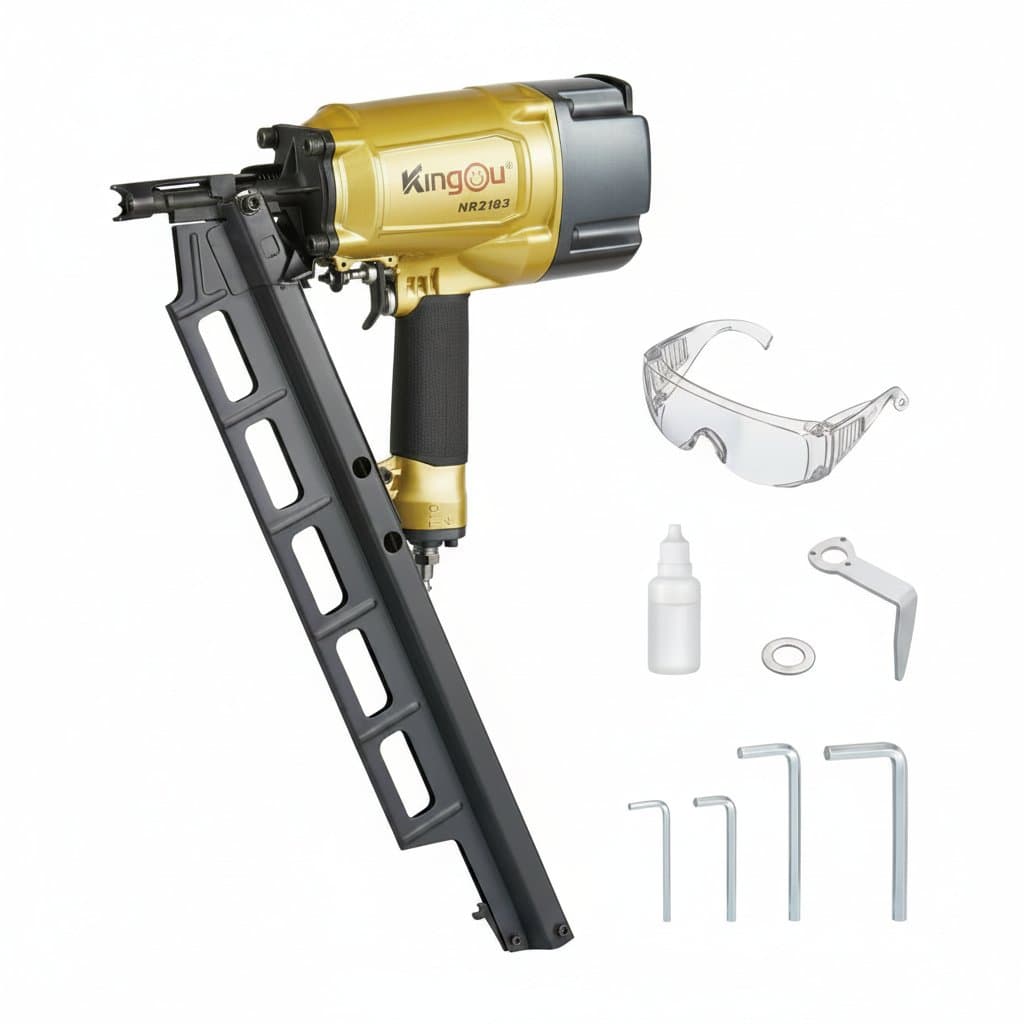 NR2183 pneumatic framing nail gun with 21-degree steel magazine for heavy-duty construction, efficiently drives 2-inch nails.