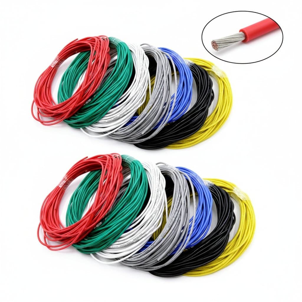 5 to 10 meter spool of flexible silicone insulated copper wire in multiple AWG sizes for LED lighting and electronics projects.