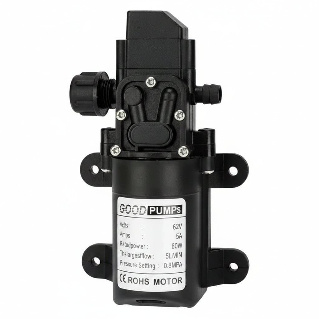 Automatic flow switch diaphragm water pump with 6L/min flow rate, 12V DC power, 70W, 130 PSI pressure, self-priming feature for high-pressure applications.
