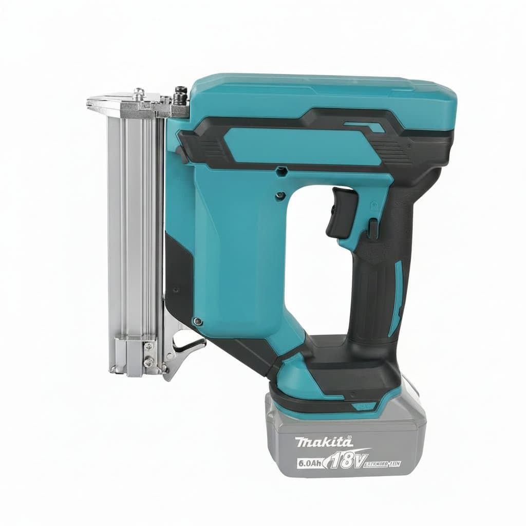 Makita cordless nail gun for woodworking, loaded with 10-30mm nails and featuring a 100-nail capacity magazine for efficient fastening.
