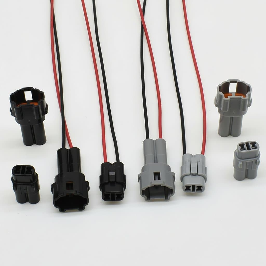 Sumitomo MT Sealed Waterproof Connector Kit with grey and white 2-pin male and female plugs, part numbers 6180-2321 and 6187-2311.