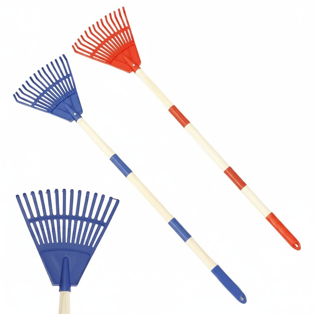 Two adjustable children's leaf rakes with removable three-section handles, made of plastic and wood for garden activities.