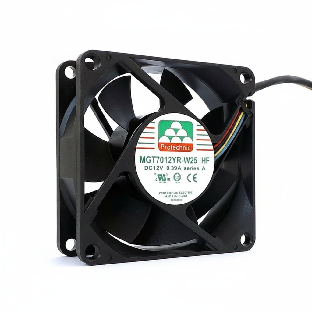 Protechnic MGT7012YR-W25 70mm square cooling fan with black frame, clear blades, and a 4-pin PWM connector for precise CPU fan speed control.