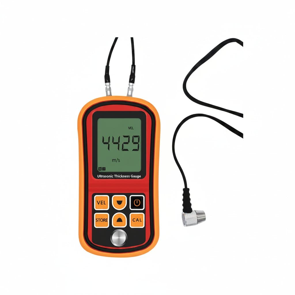 GM100 digital ultrasonic thickness gauge measuring plastic, glass, ceramics, metal plates, and stainless steel pipes with wall thickness capability.