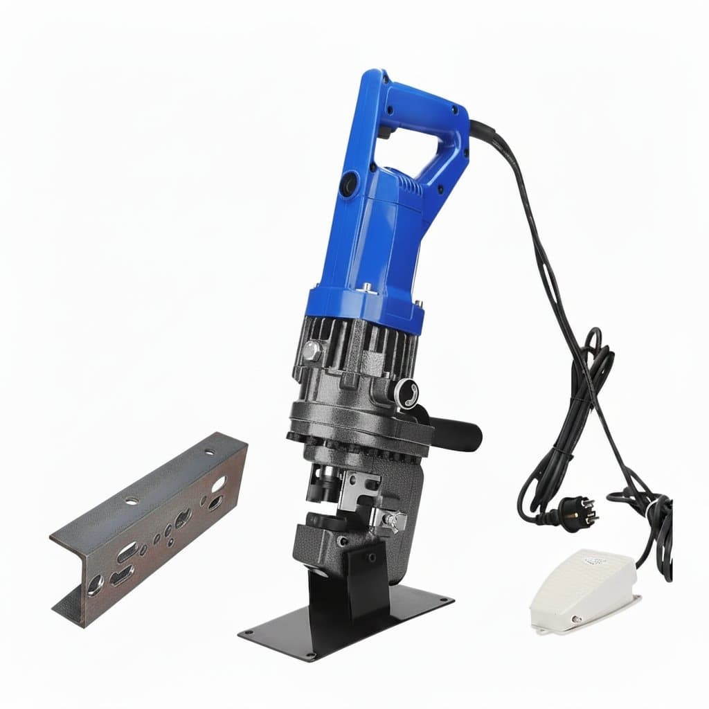 MHP-20 Portable Hydraulic Press Tool punching a clean hole in angle steel, showcasing its electric power and industrial durability.