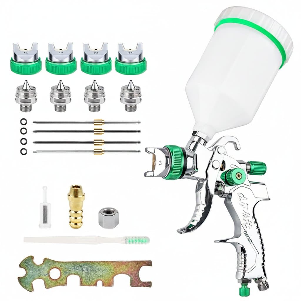 Professional HVLP gravity feed spray gun kit with four steel nozzles (1.4mm, 1.7mm, 2.0mm, 2.5mm) for DIY automotive and home painting applications.