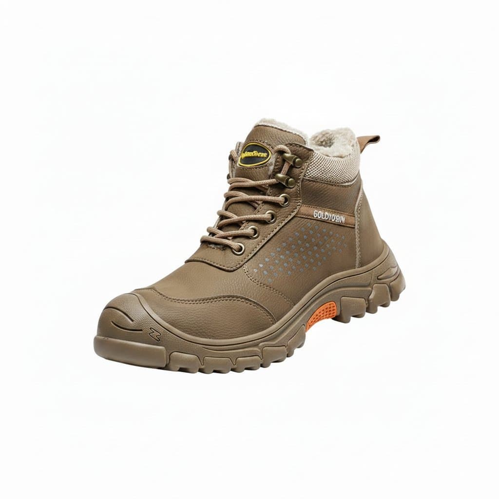 Men's winter work safety shoes with steel toe, thickened wool lining, non-slip soles, and waterproof features for cold weather and snow conditions.