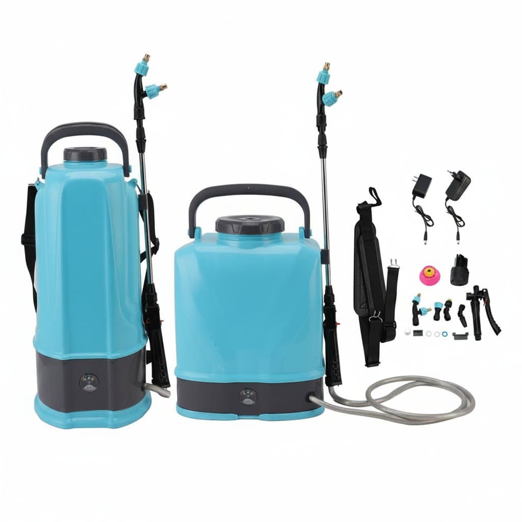 Battery powered sprayer backpack: two variants (8L, 10L) and accessories, with text.