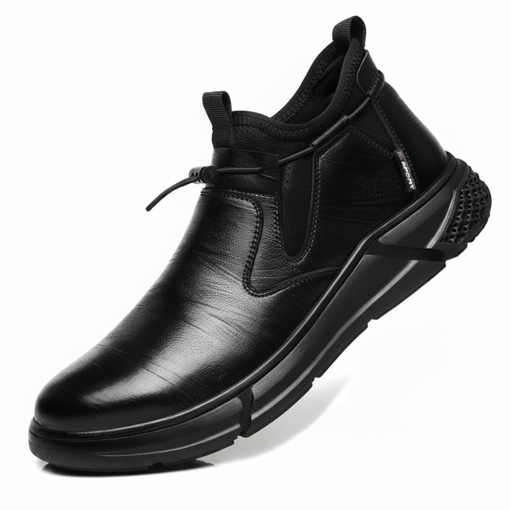 Fashion safety shoes, a pair of black shoes on a plain background.