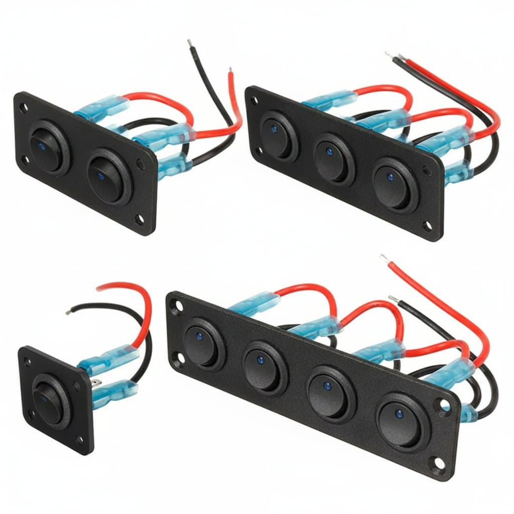 Universal 12V toggle switch panel with 1 to 4 rocker switches, blue LED backlight, and dual USB ports for car, boat, RV, or truck installation.