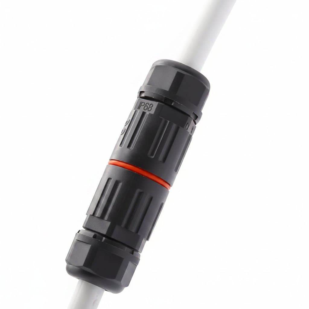 IP68 waterproof cable connector with industrial-grade plug and socket for outdoor electrical wiring, shown in a rugged environment.