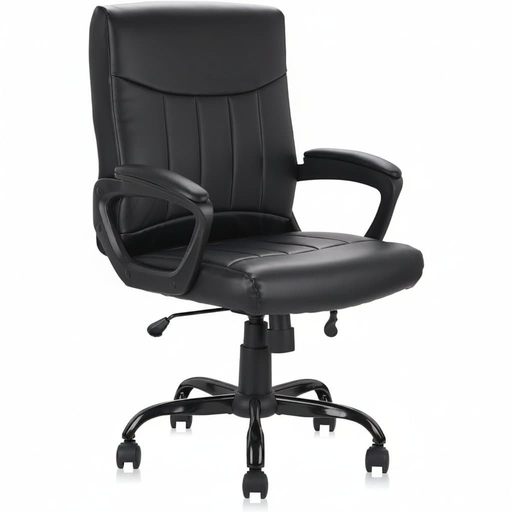 Leather executive office chair with lumbar support, padded armrests, and ergonomic mid-back design for computer task work.