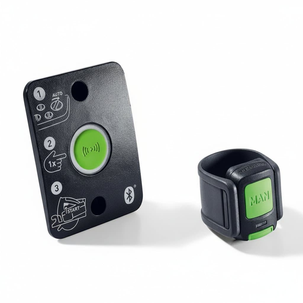 Festool CT-F I/M-Set Bluetooth remote control for automatic tool start, showing the compact handheld device with buttons and display.