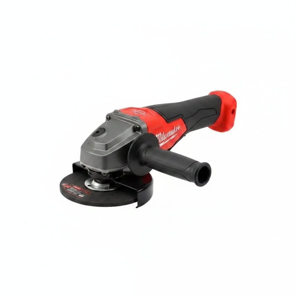 Milwaukee 125mm cordless angle grinder featuring a no-lock paddle switch, high power for cutting and polishing applications.