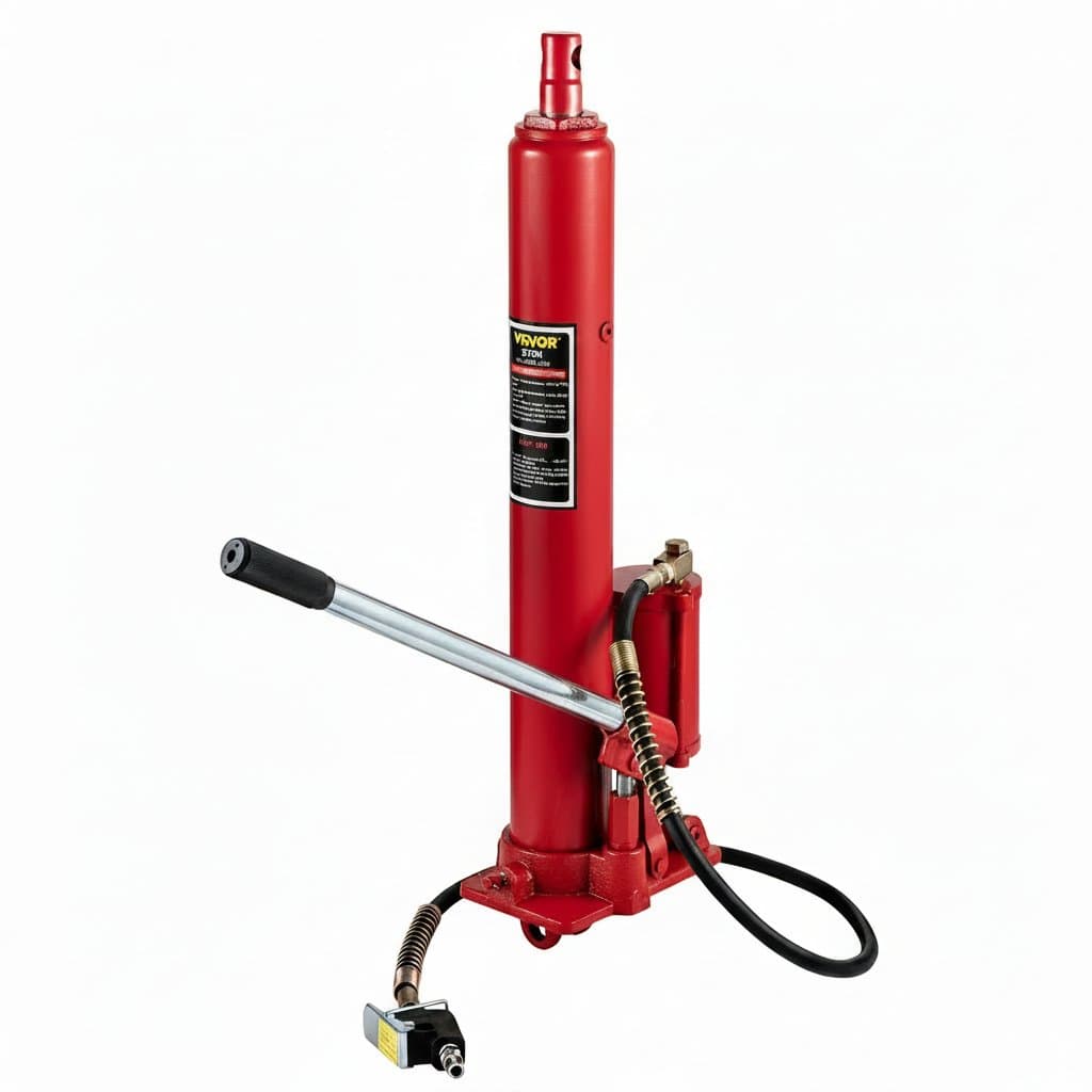 SucceBuy 8 ton long ram hydraulic jack with clevis base, single piston pump, and manual cherry picker for heavy lifting.