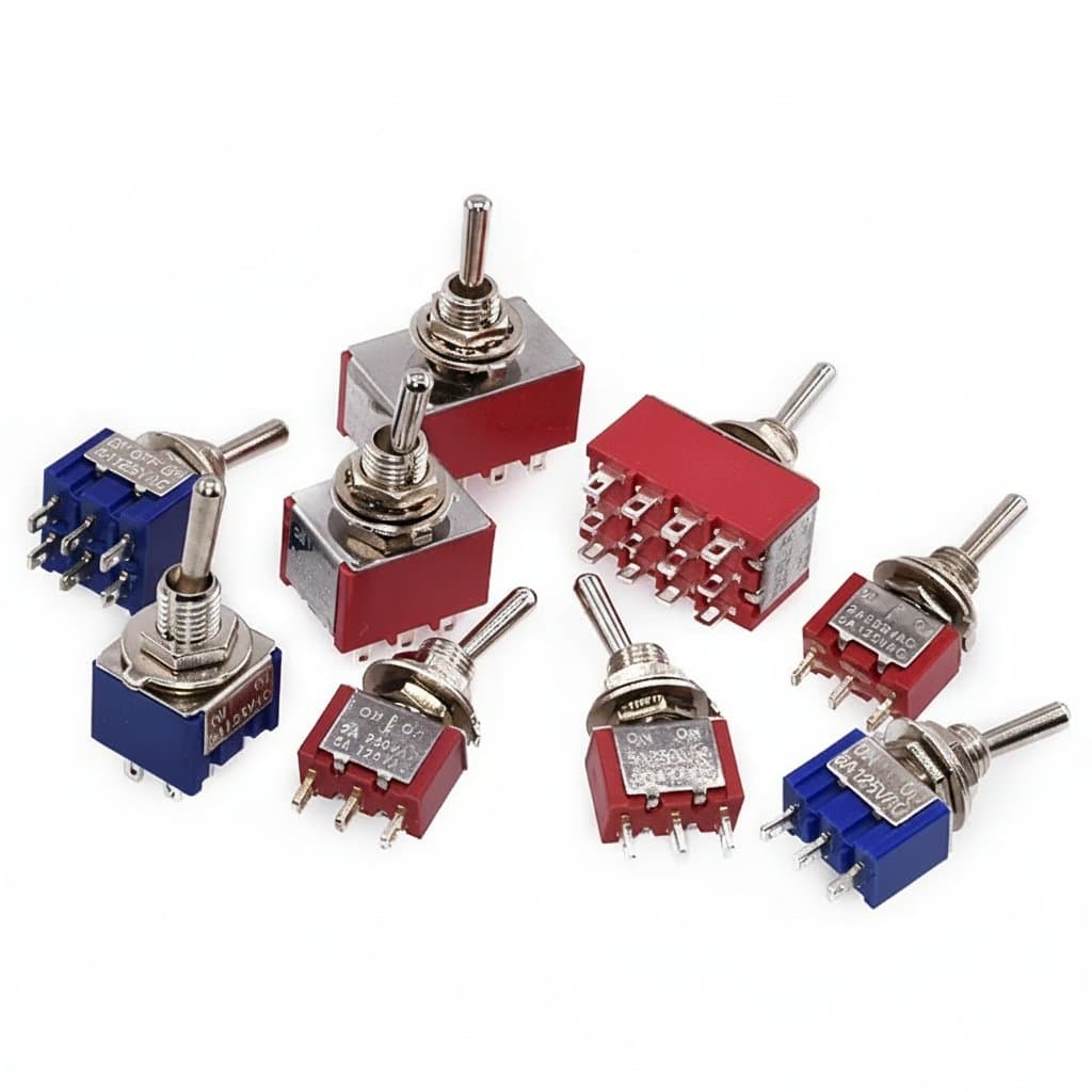 Mini auto toggle switch latching MTS series SPDT DPDT switch with ON-OFF-ON and ON-ON functions for industrial electrical panels.