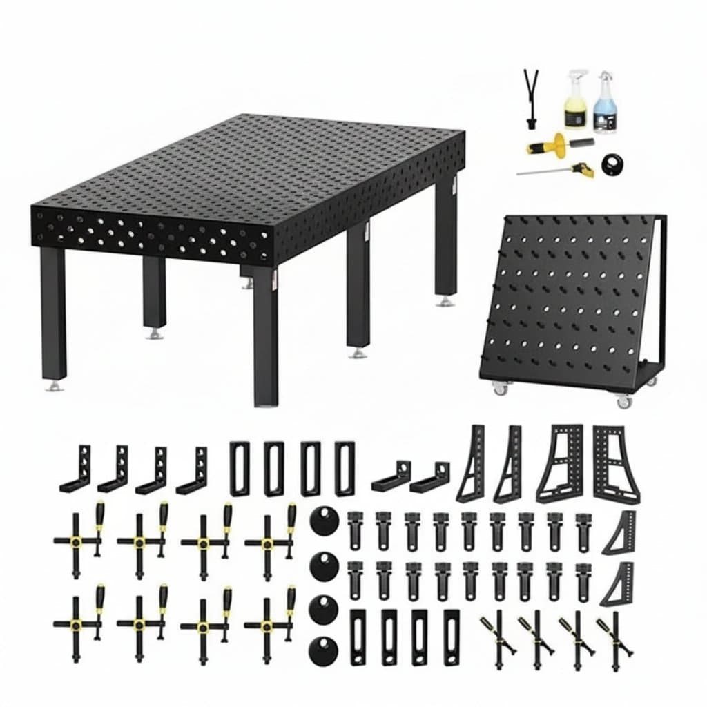 Heavy-duty 3D welding table with storage drawer, vice, and adjustable legs for a stable welding workbench setup.