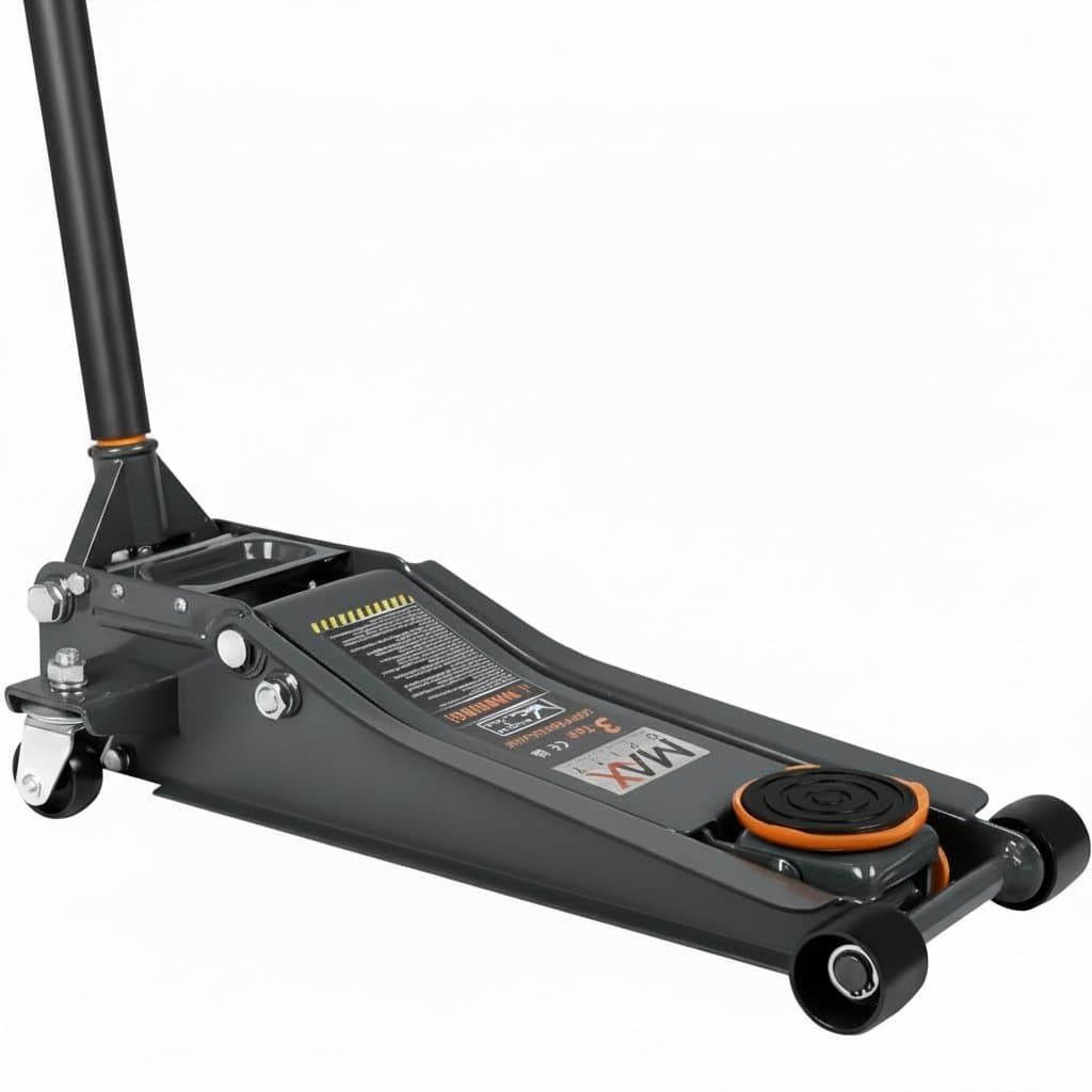3-Ton Low Profile Hydraulic Floor Jack with Quick Lift Pump and dual pistons, shown lifting a car for automotive maintenance.
