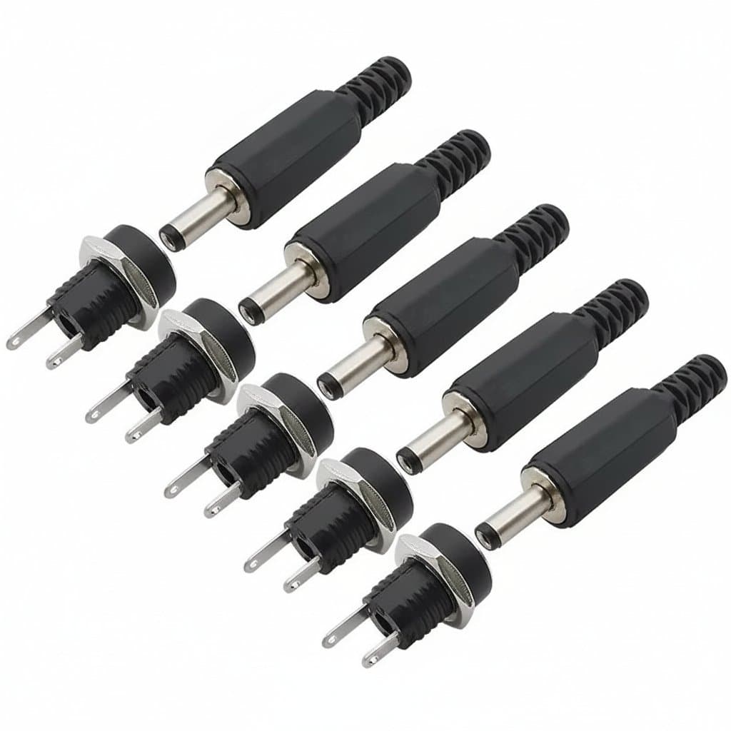 DC 12V panel mount power connectors with male/female barrel jacks, screw nuts, and mounting hardware for secure electrical connections.