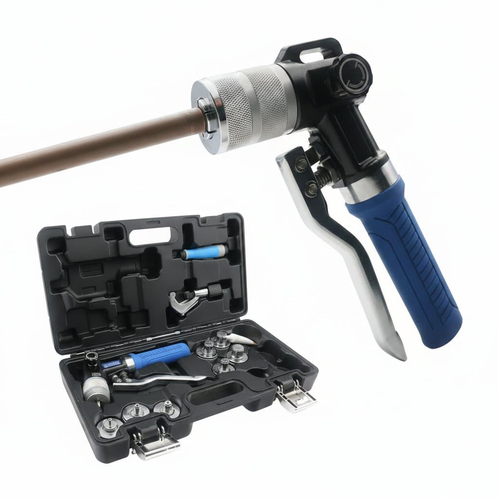 Golden Blue iGeelee hydraulic tube expander tool kit for 1/2 inch copper pipe, featuring a durable metal case and swaging heads.