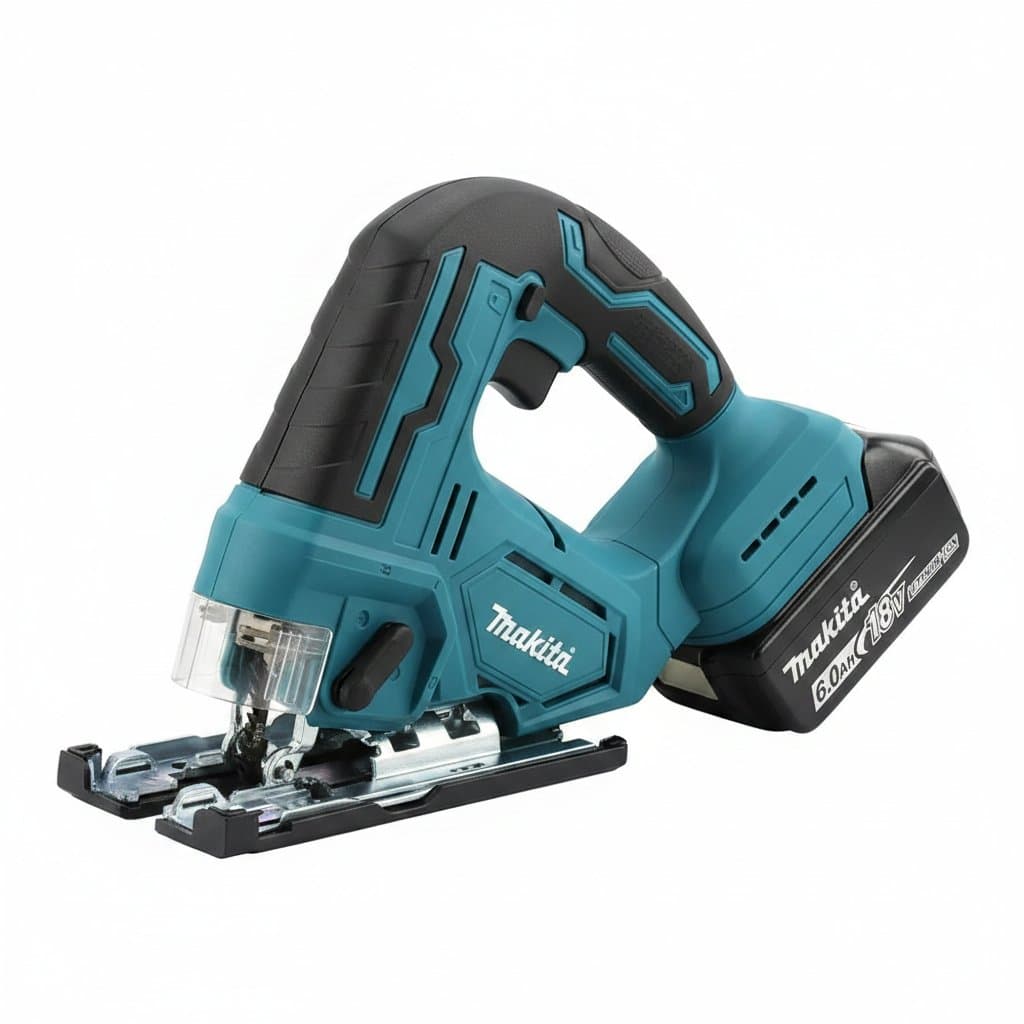 Makita DJV182Z 18V cordless barrel-grip jigsaw with brushless motor, shown in a carpenter's workshop ready for precision cutting.