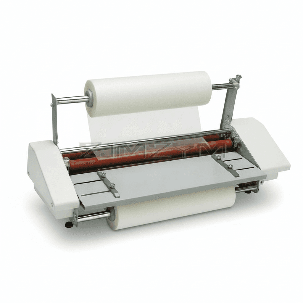 A3+ Four Roller Laminator with English text labels pointing to parts, a watermark, and a digital control panel.