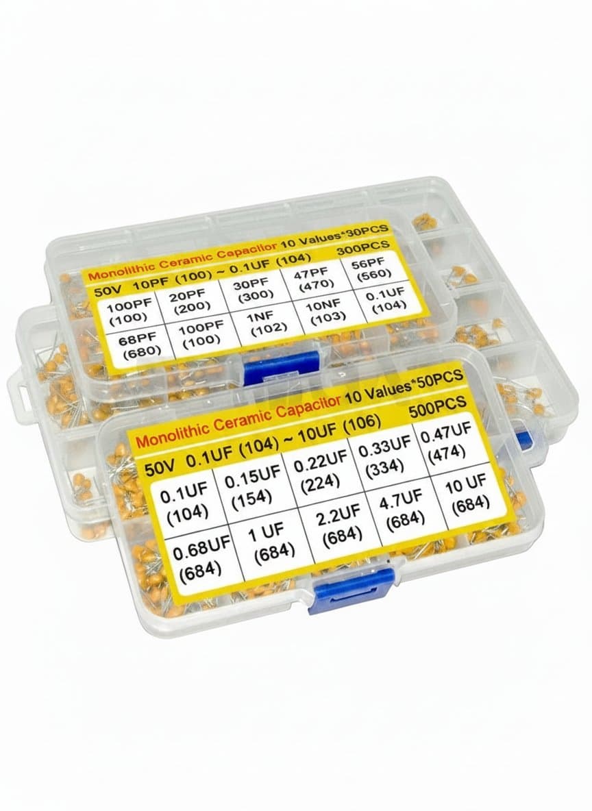 Ceramic capacitor assortment kit with 180 to 500 pieces, values from 10pF to 10uF including 104, 105, and 106 codes for electronics projects.