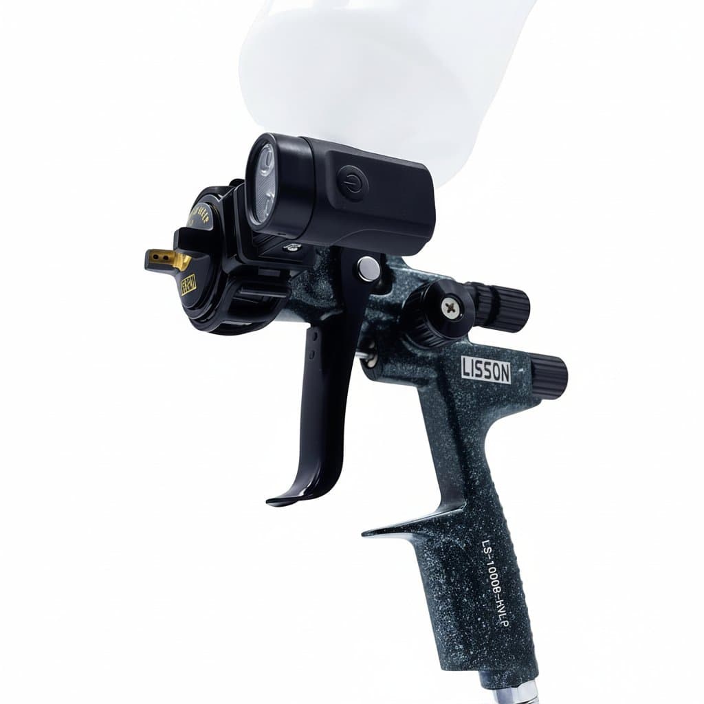 HVLP paint sprayer with 1.3mm nozzle and integrated LED light in camo blue-black finish for auto and furniture refinishing.