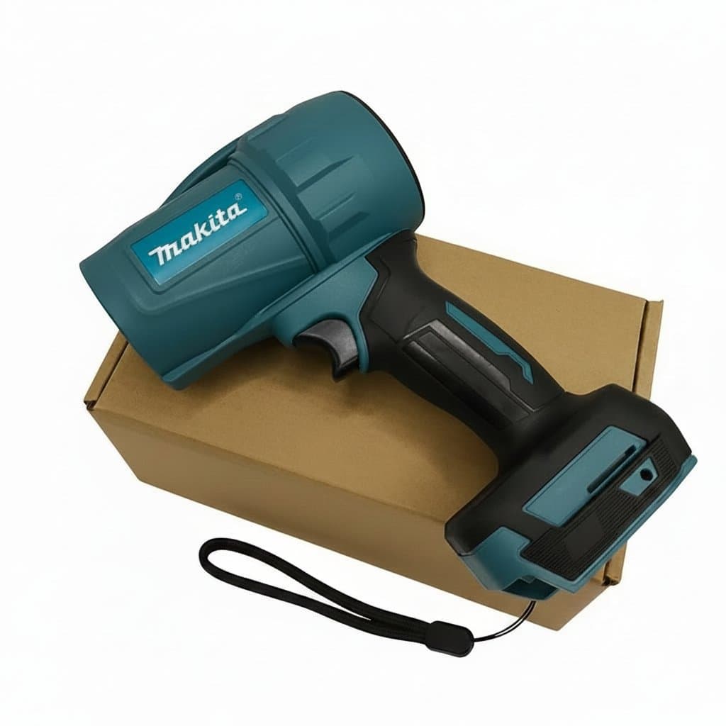 Makita 18V cordless brushless blower held by a user, showing its compact design and air nozzle for powerful leaf and debris clearing.