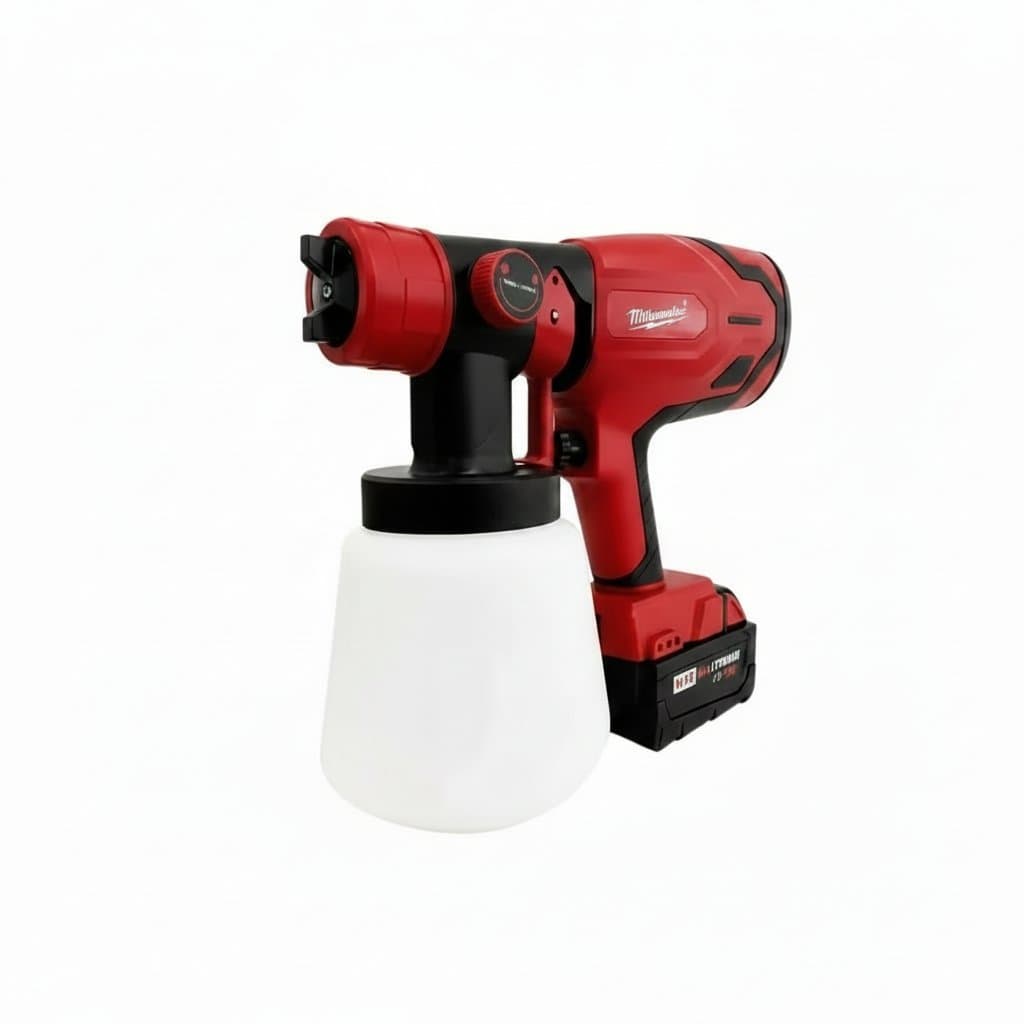 Milwaukee 800ml paint spray gun with 600W brushless motor, 39,000 RPM for automotive, furniture, and wall painting.