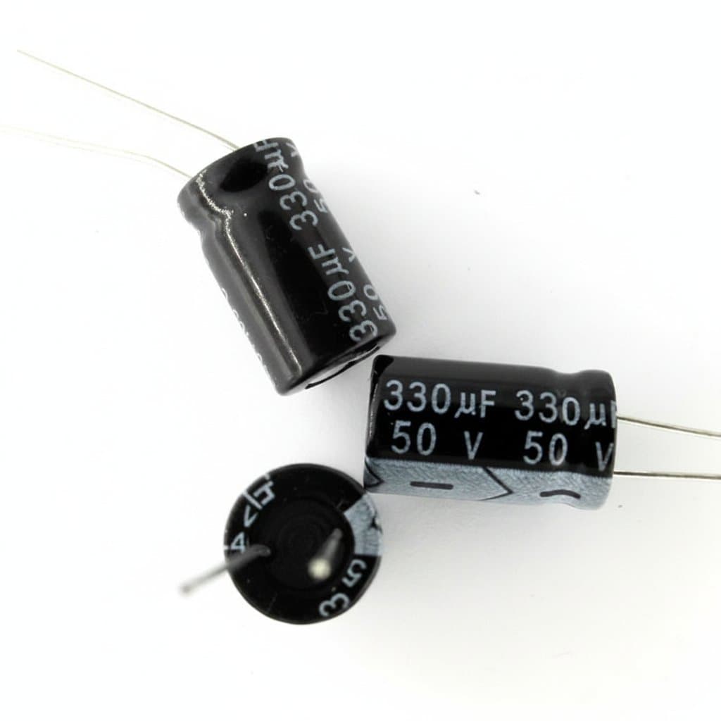 Aluminum electrolytic capacitor assortment with 50V rating and values including 330UF, 220UF, 470UF, and 100UF, 20 pieces total.
