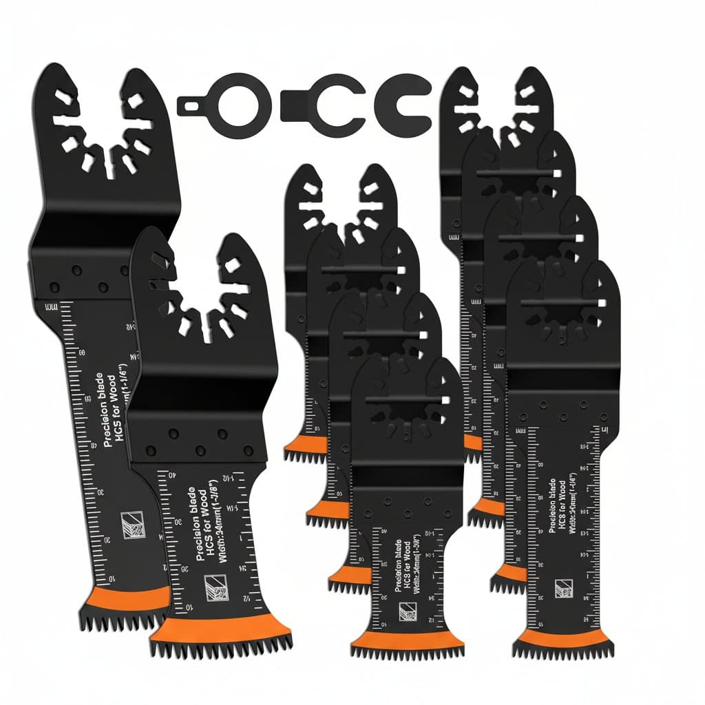 8-piece set of Japanese oscillating saw blades with sharp, curved edges made from high-carbon bi-metal for wear-resistant cutting.