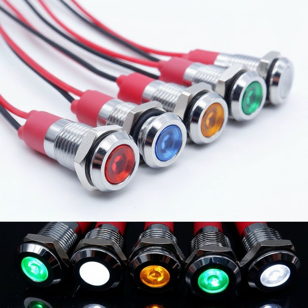 Metal Indicator Light with wire in 6mm, 8mm, 10mm, and 12mm sizes for red, green, blue, white, or orange warning signals.