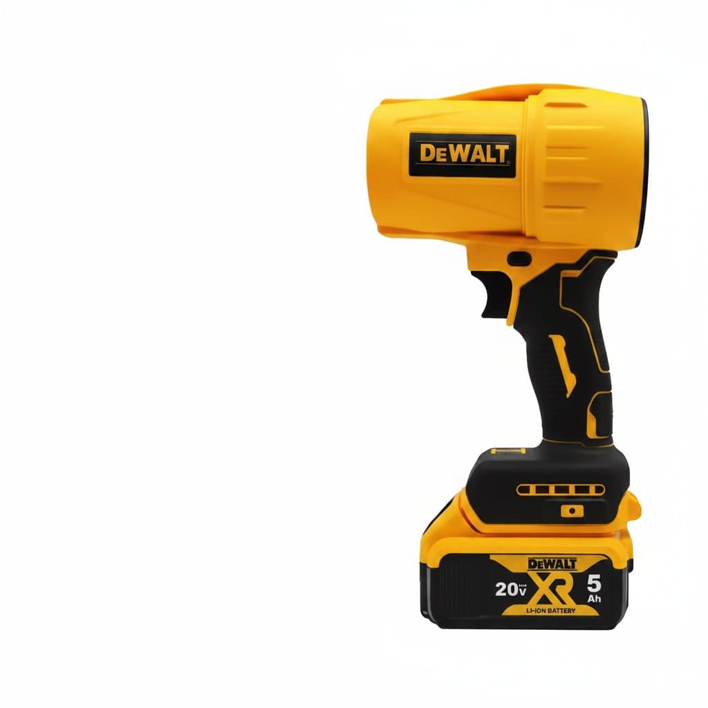 DEWALT 20V Cordless Air Blower with brushless motor, showing handheld tool producing high-velocity air stream for dust removal.