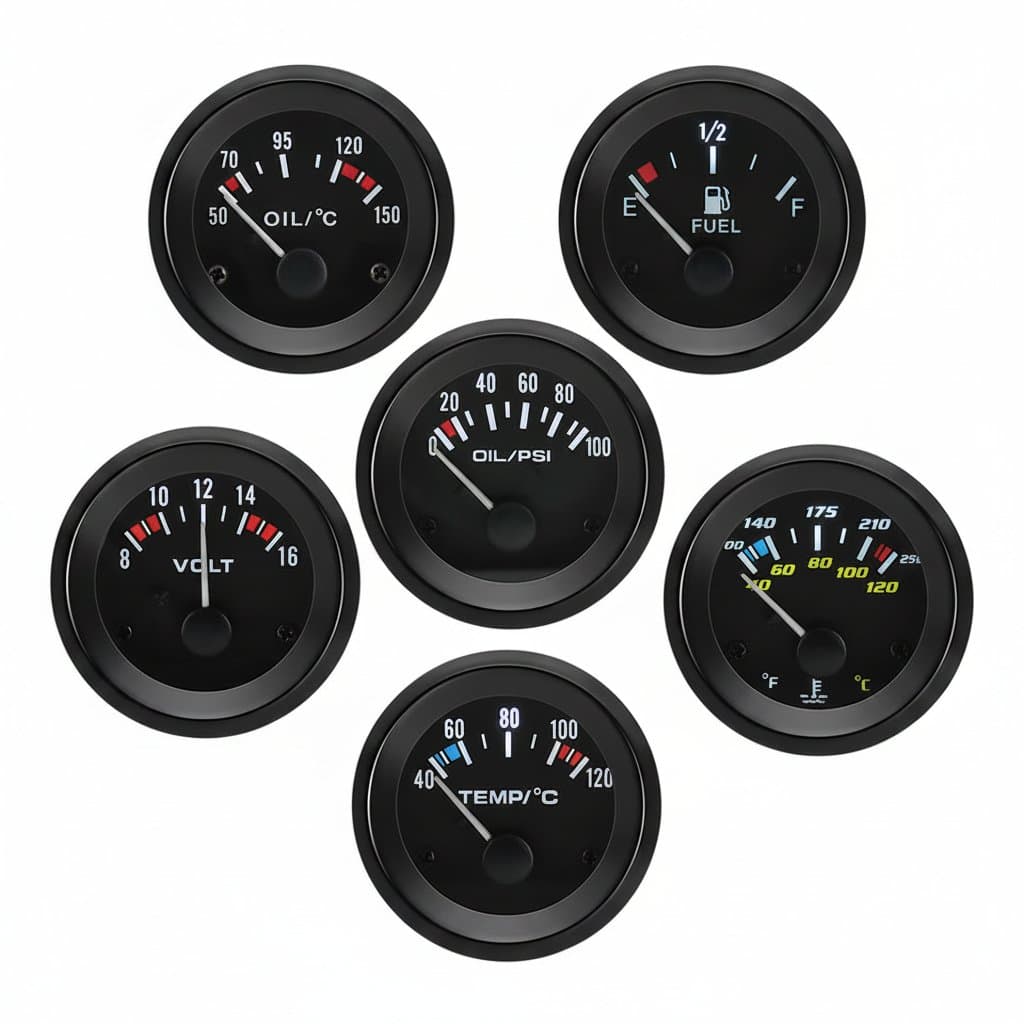 A universal 12V 52mm car fuel pressure gauge with a white LED light for clear visibility.